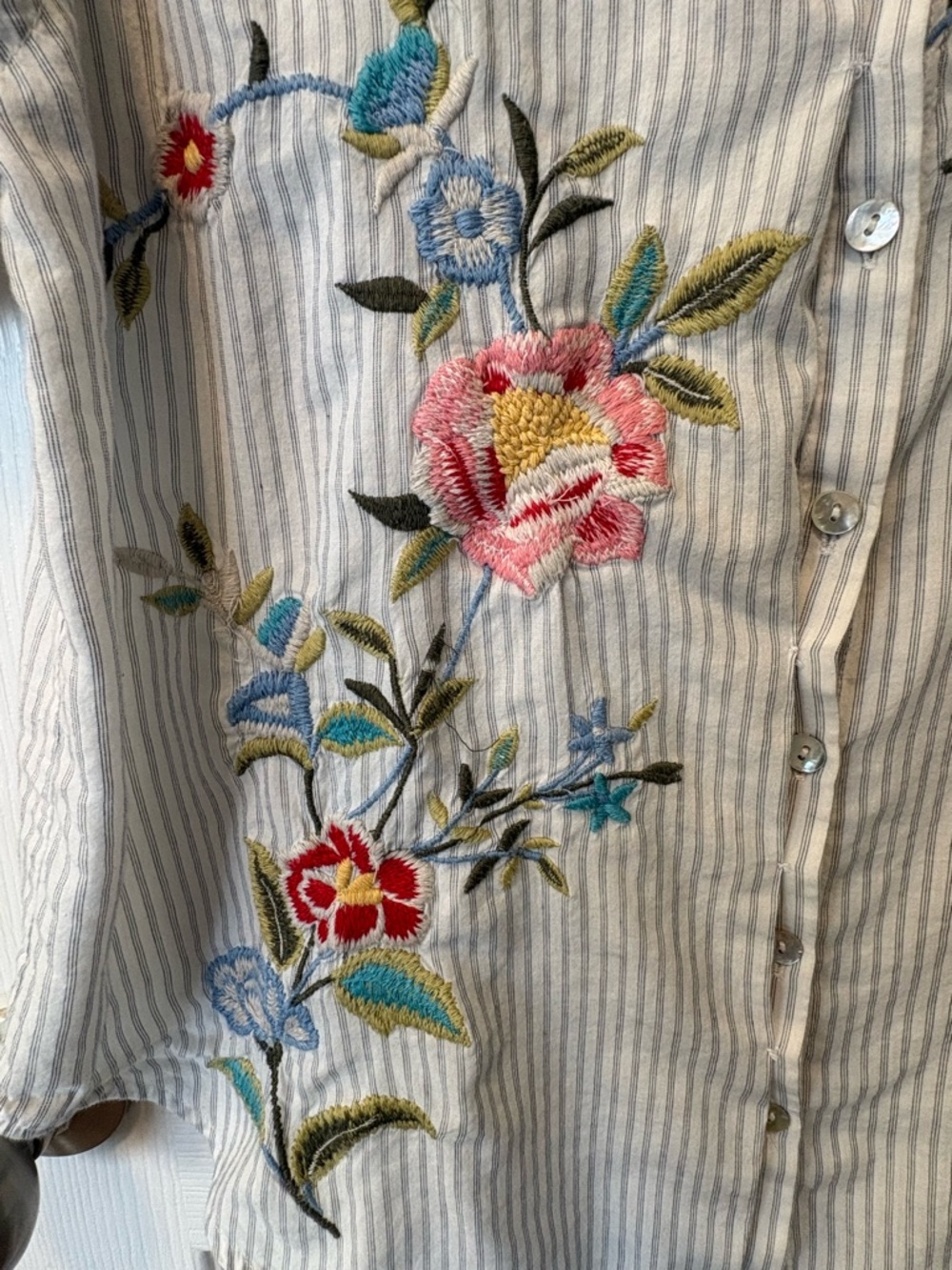 Kyla Sea Women's Blue Stripe Embroidered Button-Down Shirt - Picture 5 of 11